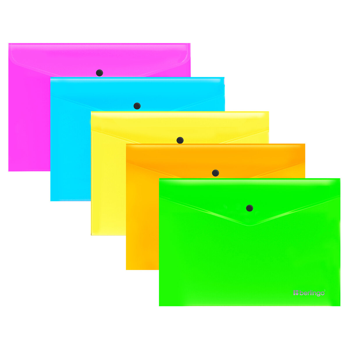Папка-конверт на кнопке Berlingo "Neon" В5, 200мкм, ассорти неоновых цветов - 25 шт.