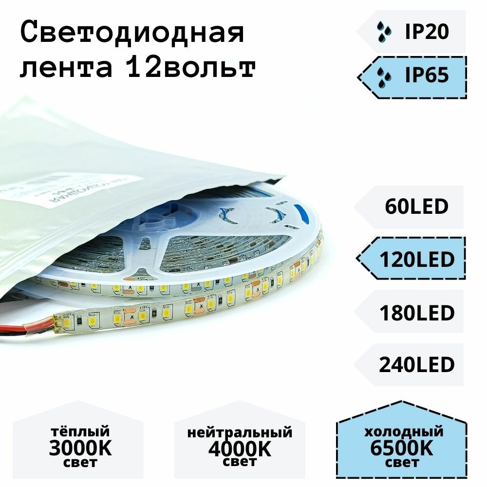 Светодиодная лента 12вольт 6500K (холодный свет) 120LED General GLS-2835-120-9.6-12-IP65-6 5метров