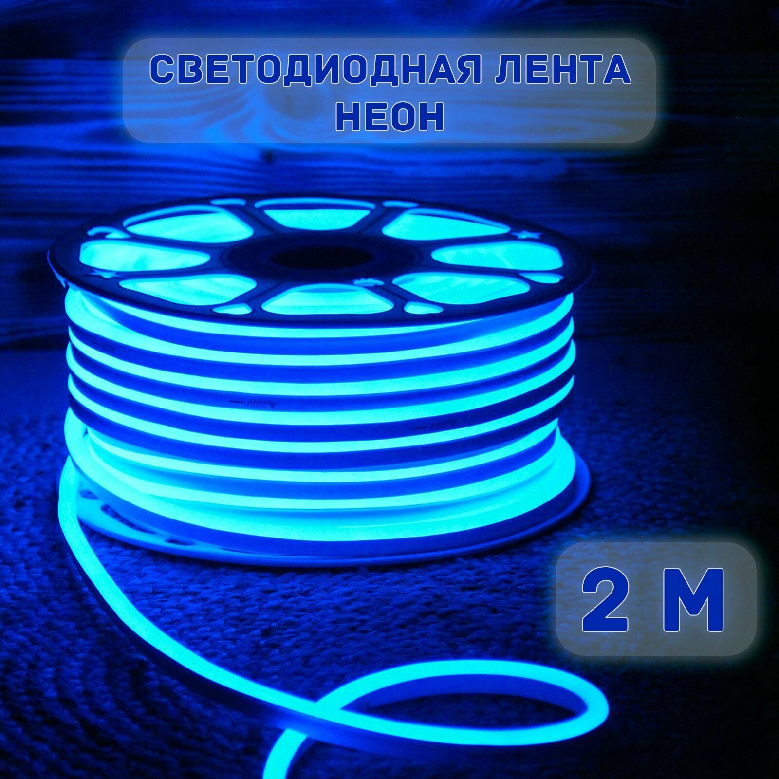Светодиодная лента 220В неон синий 2м, гибкий неон, с блоком питания