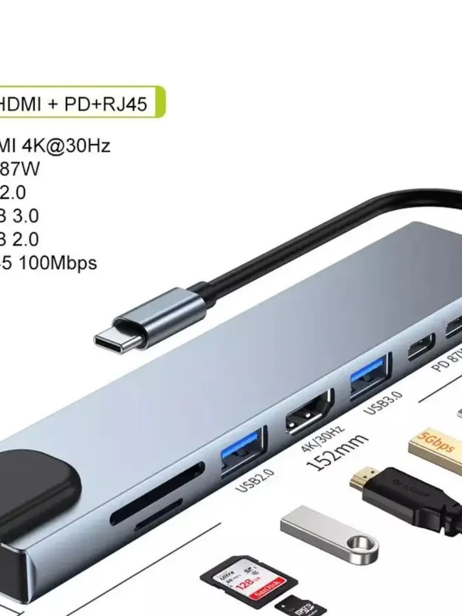 USB- Хаб Картридер USB Type-c разветвитель, HDMI SD, 8в1