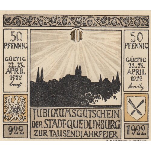 Германия (Веймарская Республика) Кведлинбург 50 пфеннигов 1922 г. (№5) германия веймарская республика фехта 50 пфеннигов 1922 г 5 4