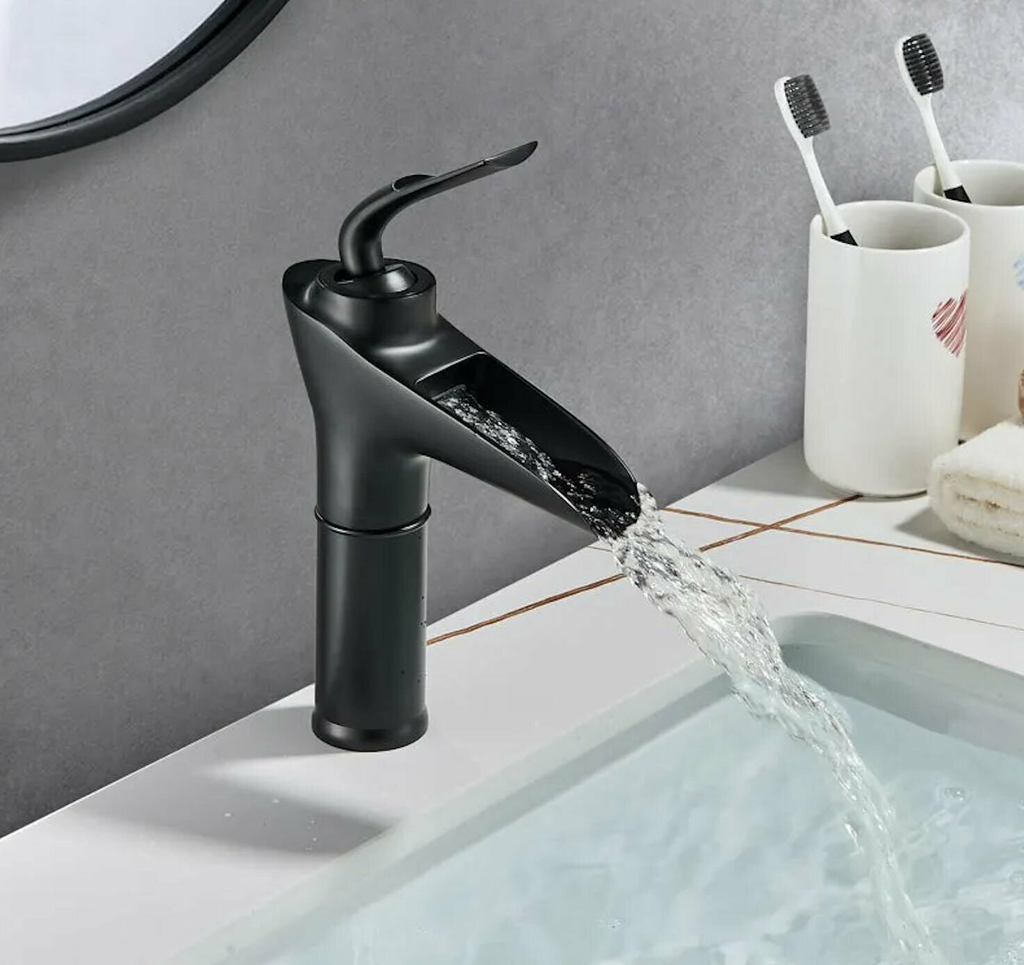 фото Смеситель для раковины LOFT Black One, каскадный излив, матовый, черный