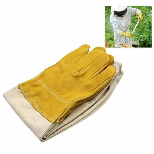 Перчатки кожаные XXL для пчеловода с нарукавниками Chinabees из натуральной кожи желтые / защита от укусов перчатки пчеловода xxl