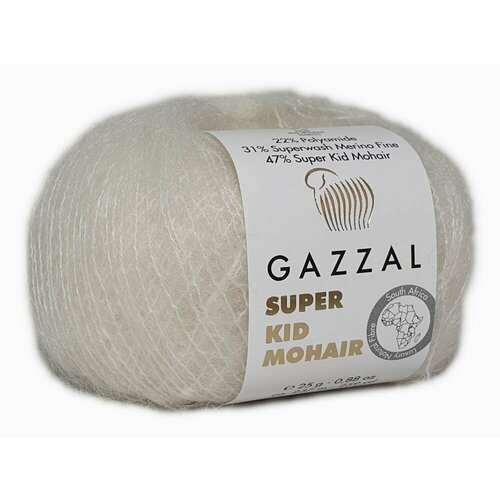 Пряжа SUPER KID MOHAIR (Gazzal), молочный - 64414, 47% супер кидмохер, 31% тонк. мериносовая шерсть супервош, 22% полиамид, 6 мотков, 25 г, 237 м.