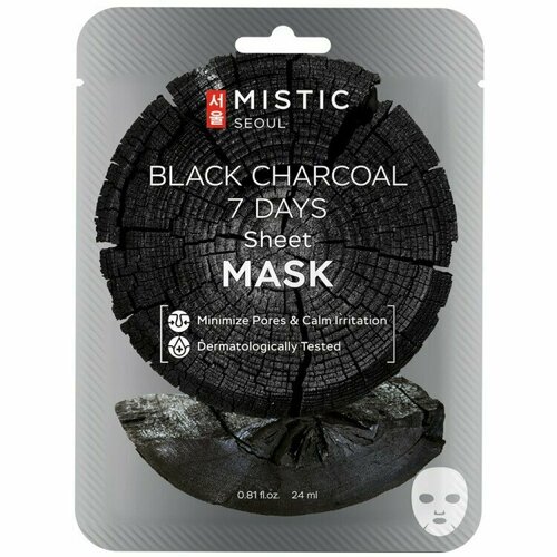 MISTIC Тканевая маска для лица с древесным углём BLACK CHARCOAL 7 DAYS Sheet mask 24мл