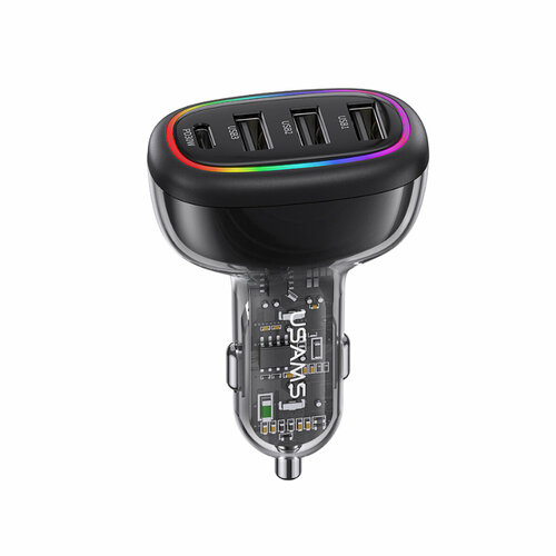 Блок питания автомобильный 3 USB, Type-C Usams US-CC170, C34, 1200mA, PD 30Вт, цвет: чёрный черный, черный