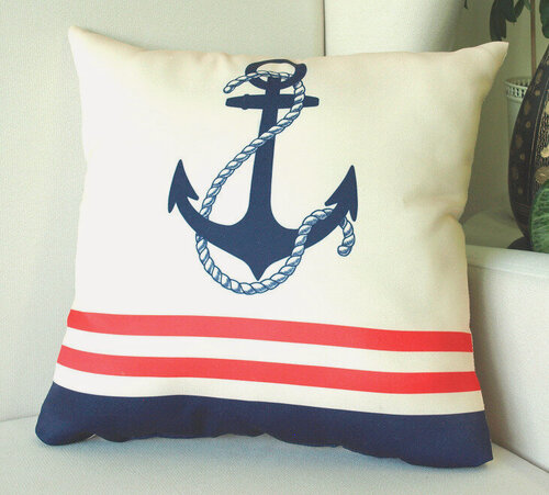 Изображение товара Декоративная подушка Синий Якорь Красные полоски 40х40 Твилл