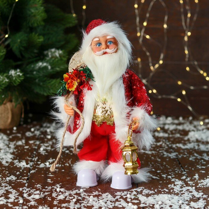 Дед Мороз "В костюме с пайетками, с фонариком" двигается, с подсветкой, 28 см, красный 9692506