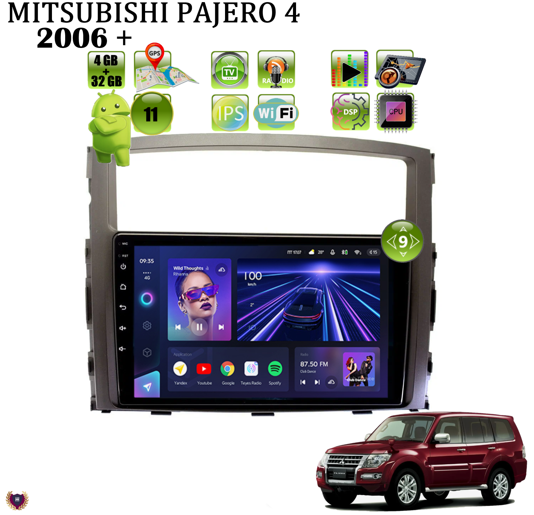 Автомагнитола для MITSUBISHI Pajero 4 2006 +, Android 11, 4/32Gb, Wi-Fi, Bluetooth, GPS, IPS экран, сенсорные кнопки, поддержка кнопок на руле