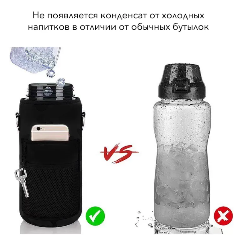 Спортивная бутылка 2000 мл с чехлом для хранения телефона и ключей и ремешком для ношения на плече, Бутылка для воды на целый день, Cпортивная фляга для кемпинга, гидратор для воды, бутылка для туризма — фото 1