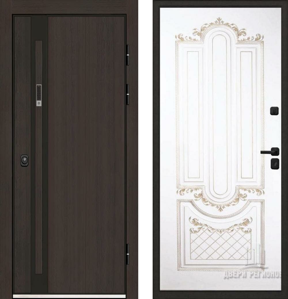 Входная дверь Regidoors элит термо Александрия "Патина золото на белой эмали" с электронным биометрическим замком 950x2050, открывание левое