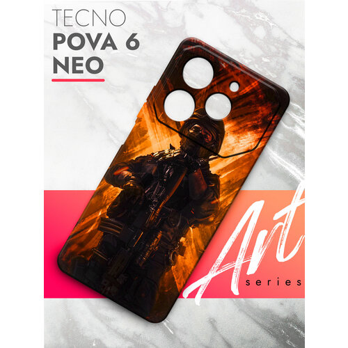 Чехол на Tecno Pova 6 Neo (Техно Пова 6 Нео) силиконовый с защитой (бортиком) вокруг камер, Brozo (принт) Солдат черный матовый