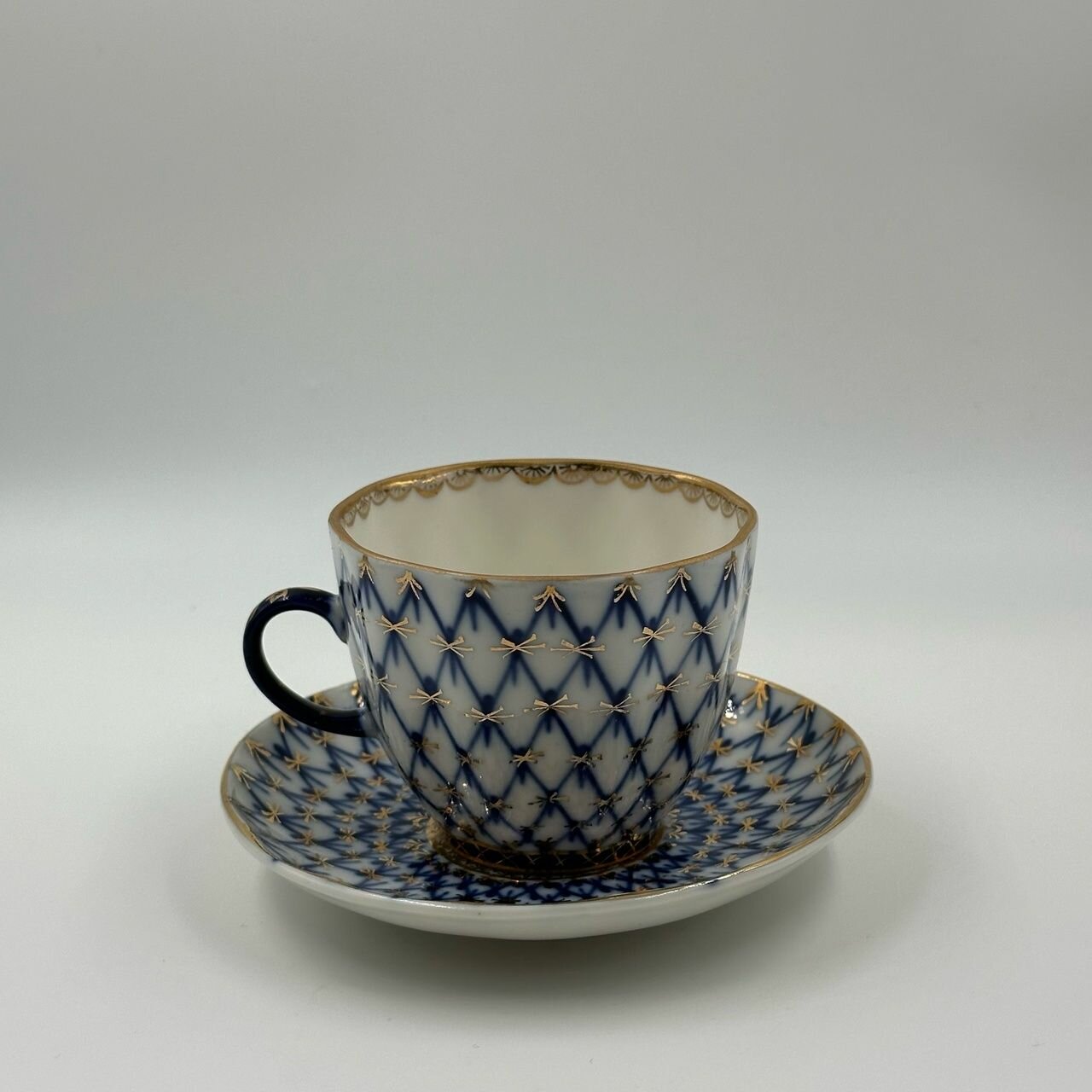 фото Кофейная пара 2 предмета "Кобальтовая Сетка" Фарфор! Клеймо ЛФЗ СССР! Красивая!