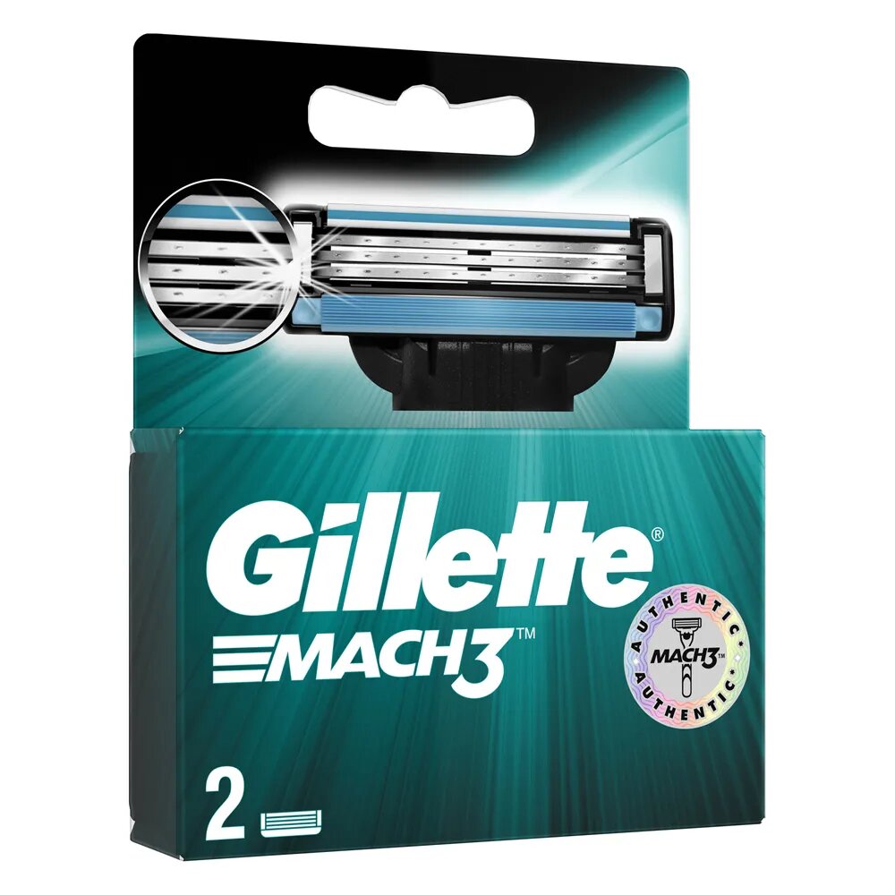 GILLETTE Mach 3 Сменные кассеты для бритья с 3 лезвиями, мужские, 2 шт