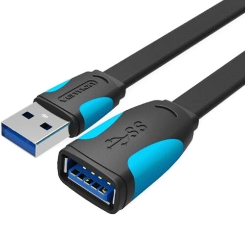 Удлинитель USB-A M/F 3.0 Vention VAS-A13-B200 - плоский кабель 2м черный — фото 1