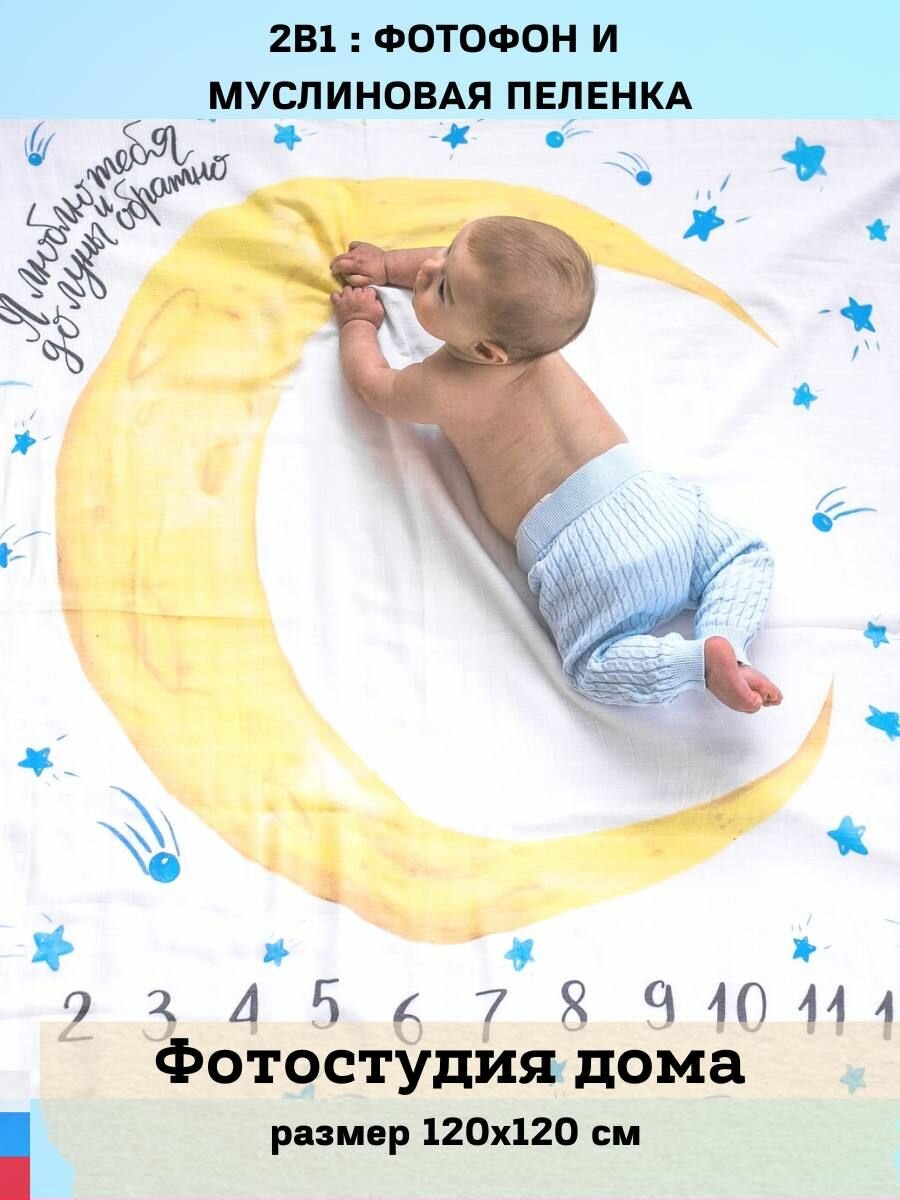 Муслиновая пеленка подарок для новорожденного MamSis 120x120 Фотопеленка До луны и обратно