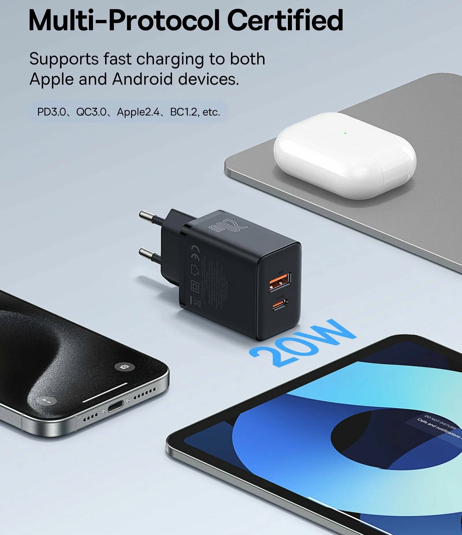 Сетевое зарядное устройство 20W U+C Baseus Cube Fast Charger / Moon White — фото 1