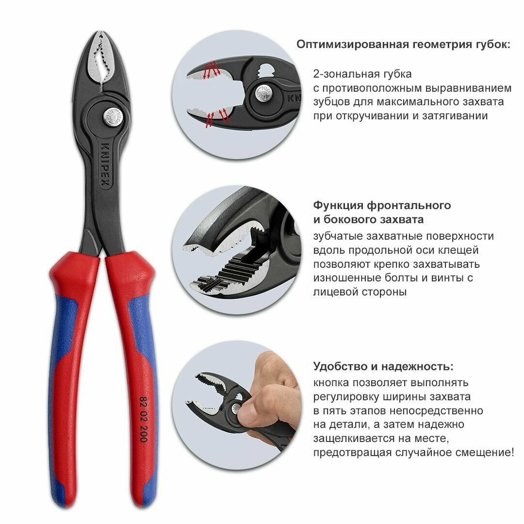 Клещи KNIPEX TwinGrip с фронтальным и боковым захватами, зев 4-22 мм, длина 200 мм, 2-комп ручки KN-8202200 — фото 1