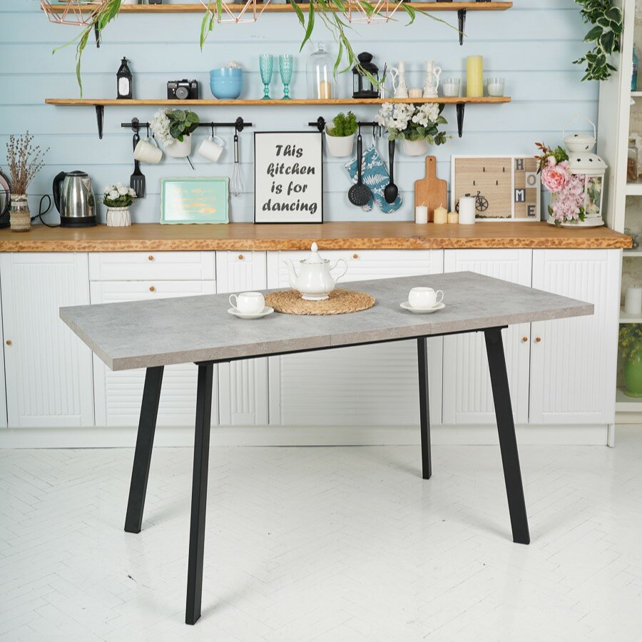 фото Стол кухонный раздвижной Фин, ЛДСП Бетон светлый на чёрных опорах, 120/152х70х75 см.