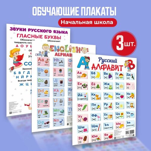 Алфавит русский английскийзвуки Обучающие плакаты Комплект 3 шт Начальная школа 250₽