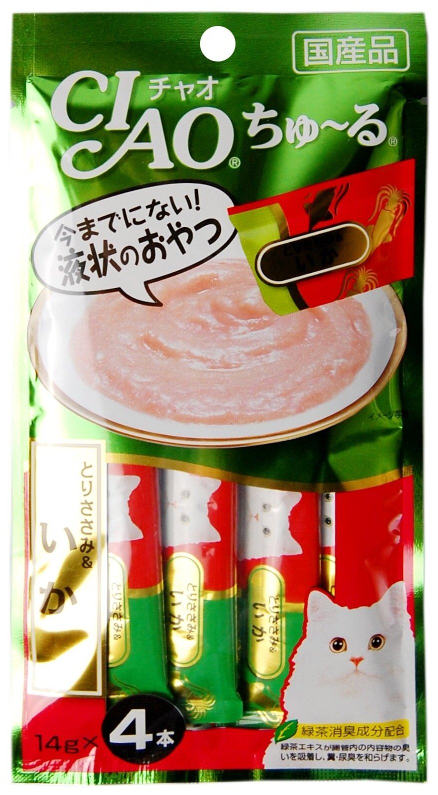 Лакомство INABA ЧАО чуру для кошек пюре филе курицы + кальмар 4*14г (годен до 27.07.2025г) — фото 1