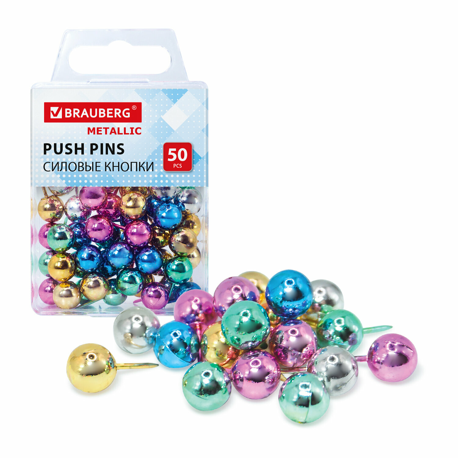 Силовые кнопки-гвоздики BRAUBERG METALLIC, цвет ассорти металлик (шарики), 50 штук, 272757