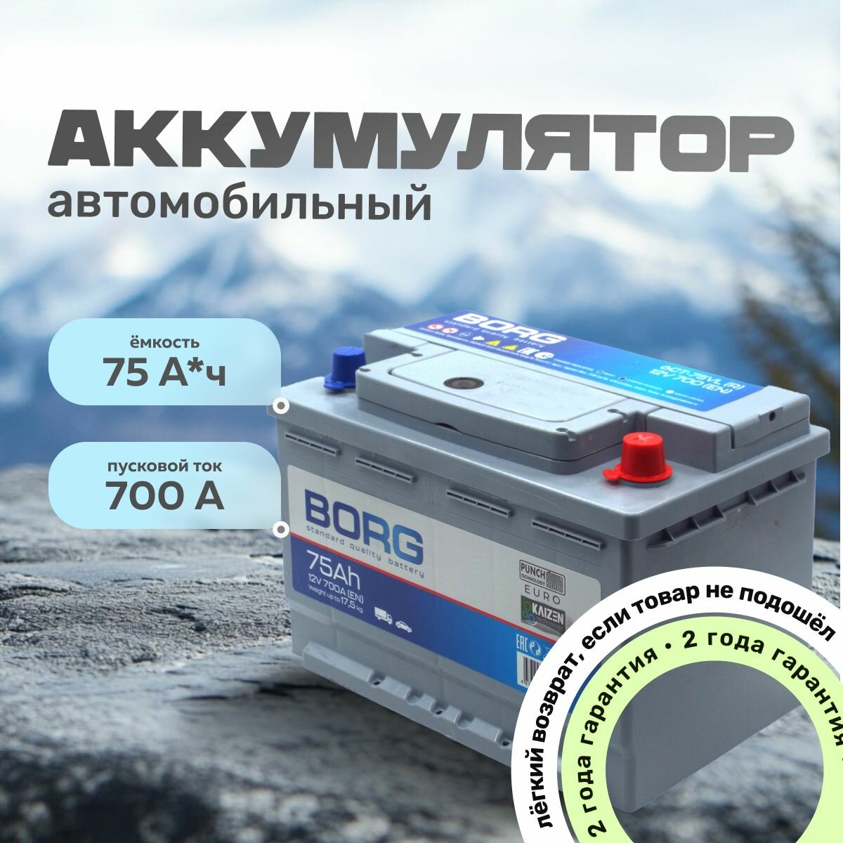 Аккумулятор автомобильный АКБ для машины Аккумуляторная батарея для авто BORG Standart 75 А*ч 278x175x190 о. п. Обратная полярность