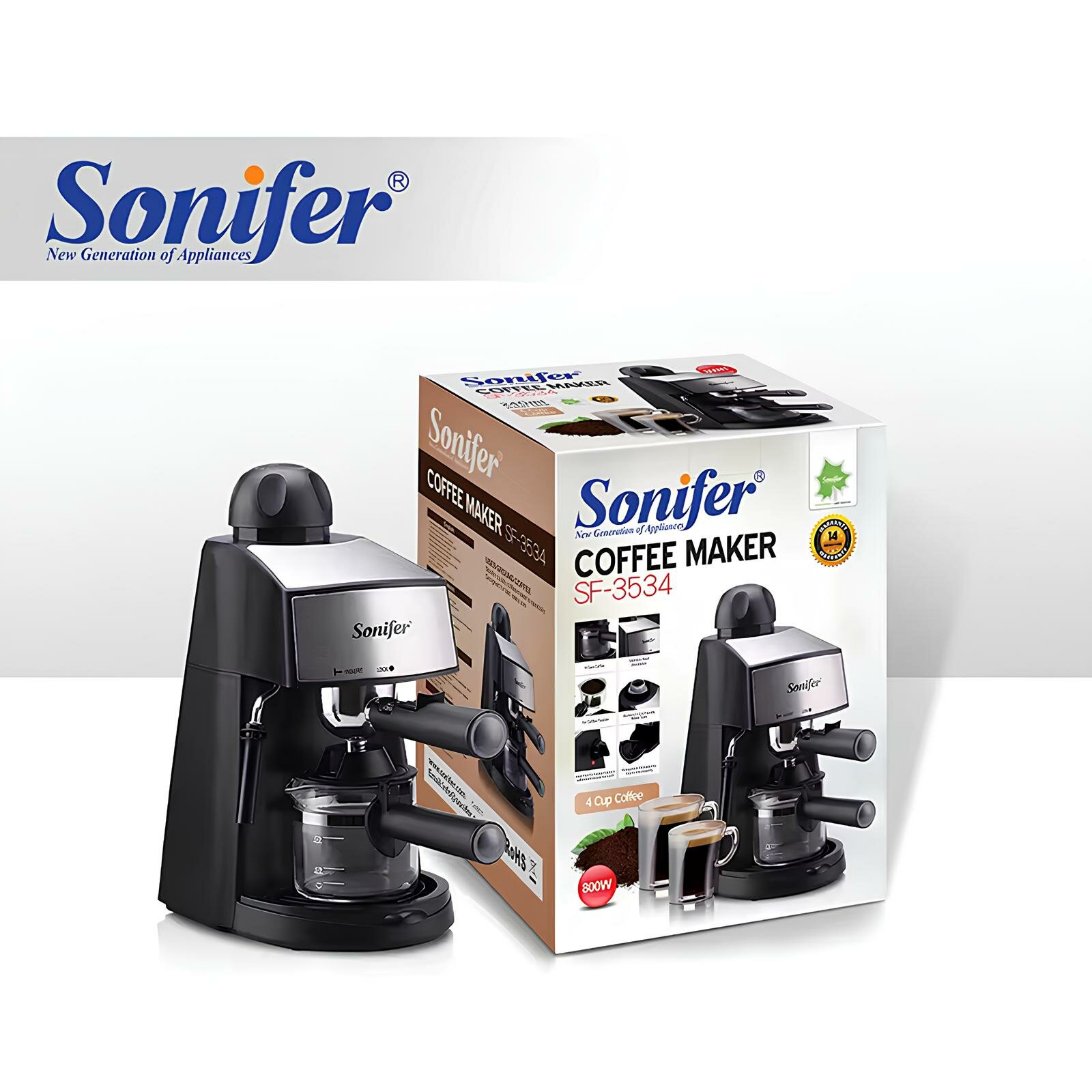 Кофеварка Sonifer SF-3534, рожковая, 800 Вт, 5 бар, для эспрессо