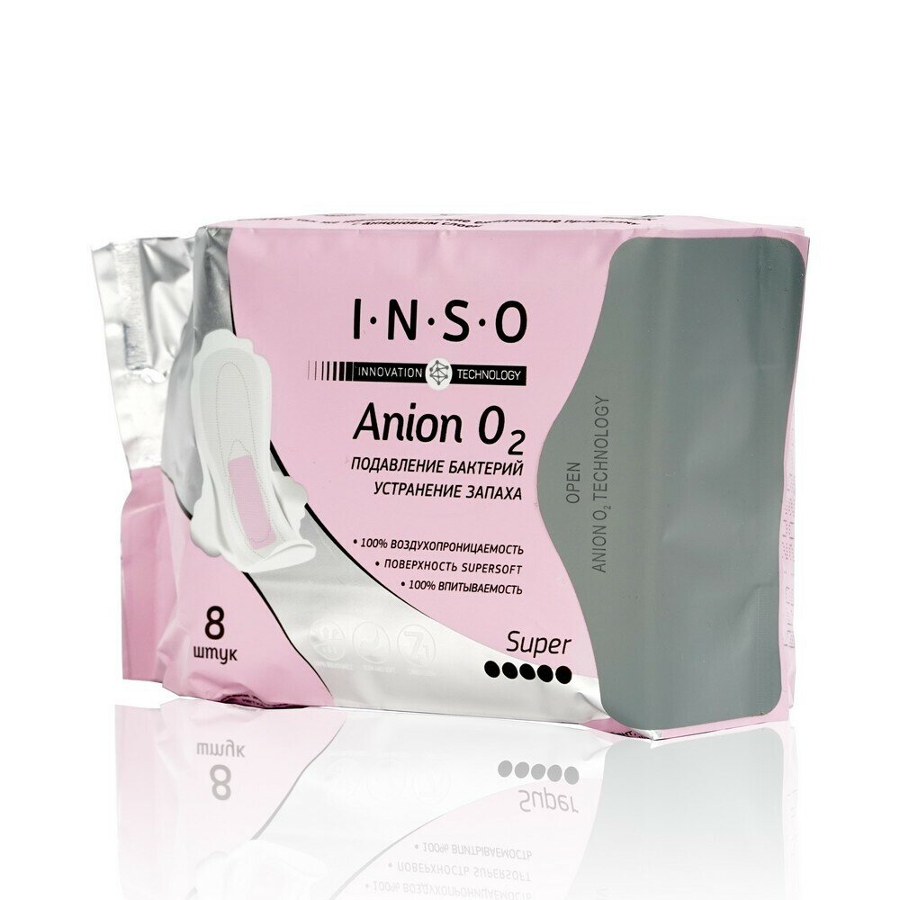 Женские гигиенические прокладки INSO Anion O2 Super с анионовым слоем 8 штук