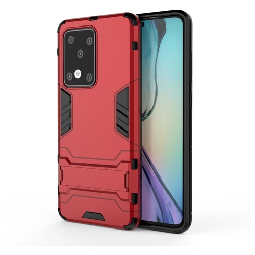 фото Сверхпрочный противоударный чехол для samsung galaxy s20 ultra с текстурой металлик и ножкой подставкой красный 100gadgets