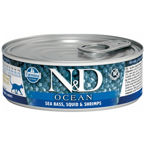 Корм влажный FARMINA N&D Ocean, для кошек, сибас, кальмар и креветки, 80 г