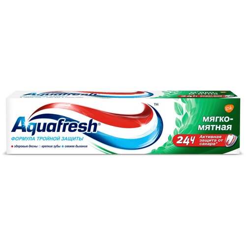 Купить Зубная паста Aquafresh Мягко-мятная с фтором для тройной защиты полости рта: защита от кариеса, укрепление зубов и свежесть дыхания, 100 мл