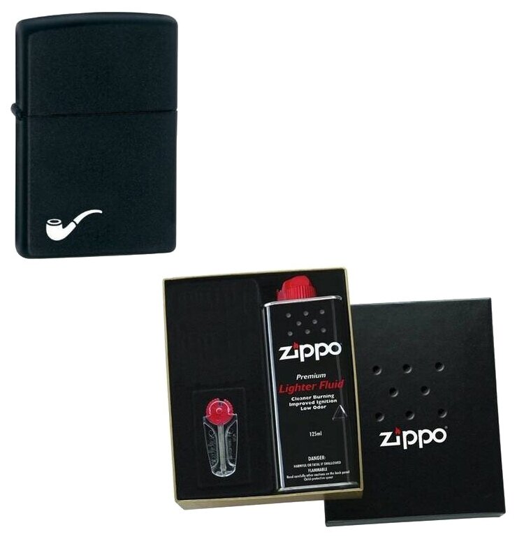 Зажигалка для трубок ZIPPO Pipe Black Matte в подарочной упаковке + топливо и кремни