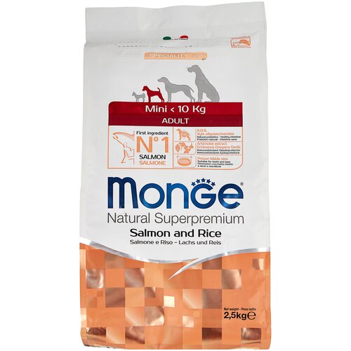 Сухой корм для собак Monge Speciality line, лосось, с рисом 1 уп. х 1 шт. х 2.5 кг сухой корм для щенков monge speciality line лосось с рисом 1 уп х 2 шт х 12 кг