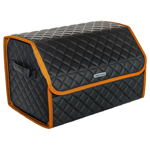 фото Сумка-органайзер в багажник автомобиля из перфорированной экокожи черная с синей нитью vicecar с логотипом ford (оранжевый кант)