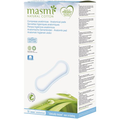 MASMI NATURAL COTTON. Классические анатомические гигиенические прокладки из органического хлопка 16шт