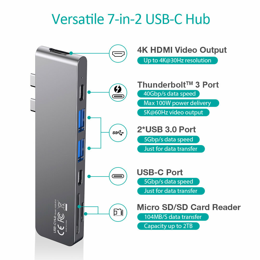 Док-станция хаб 2хUSB-C 7-в-2 Thunderbolt 3 USB-C USB-C PD HDMI 4K SD/Micro 2xUSB-A цвет серый (HUB-M14)