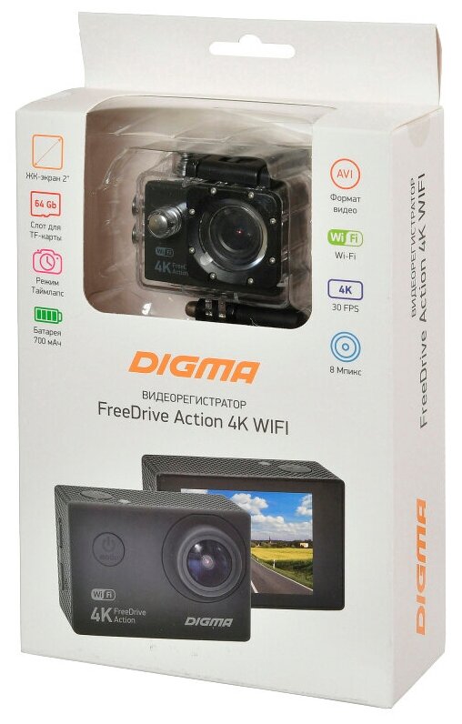 Видеорегистратор Digma FreeDrive Action 4K WiFi черный 8Mpix 2160x3840 2160p 140гр.