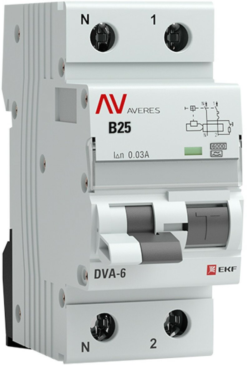 Дифференциальный автомат DVA-6 1P-N 25А (B) 30мА (A) 6кА EKF AVERES