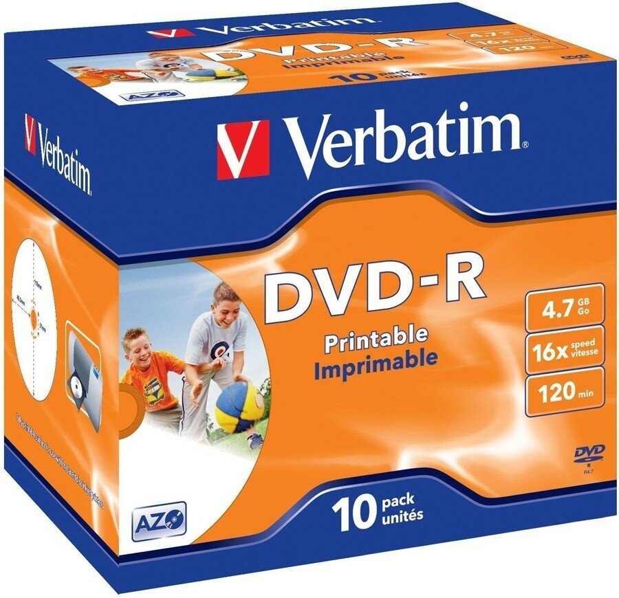 Диск Dvd-r Verbatim 4.7Gb 16x Jewel case (10шт) Printable (43521)