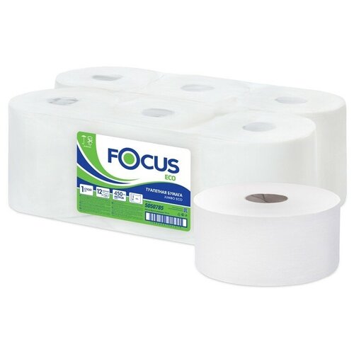 Купить Бумага туалетная в рулонах Focus Eco Jumbo 1-слойная 12 рулонов по 450 метров (артикул производителя 5050785), белый, первичная целлюлоза, Туалетная бумага и полотенца