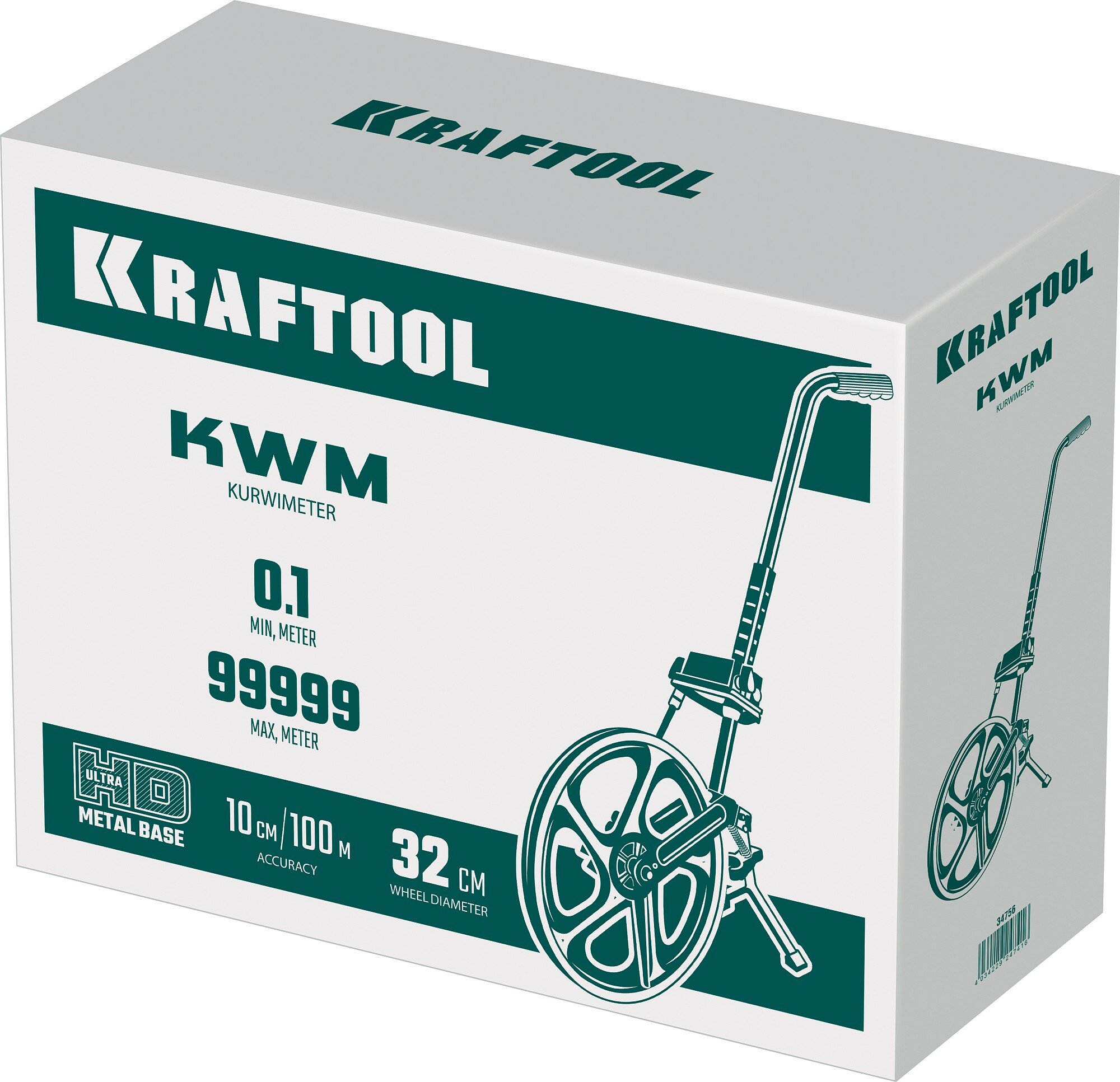 KRAFTOOL 0.1 - 99999.9 м, измерительное колесо (курвиметр) с металлическим шасси и рукояткой (34756)