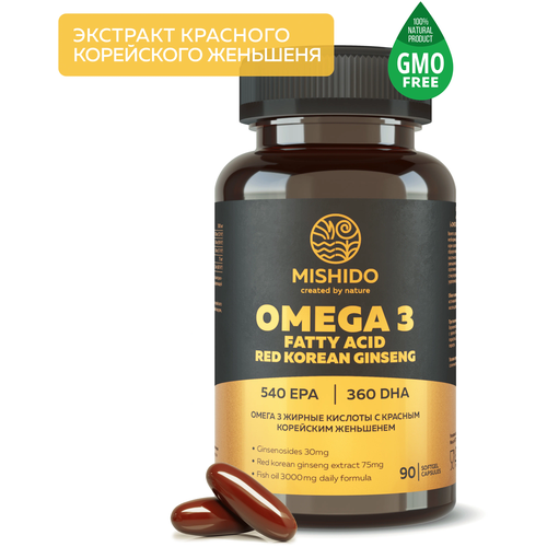 Омега 3 + красный корейский женьшень MISHIDO, 90 капсул рыбий жир 1000мг Omega 3