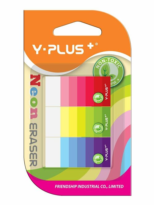Ластик для карандаша ассорти Y-PLUS Neon mini I стерка для школы, 3шт