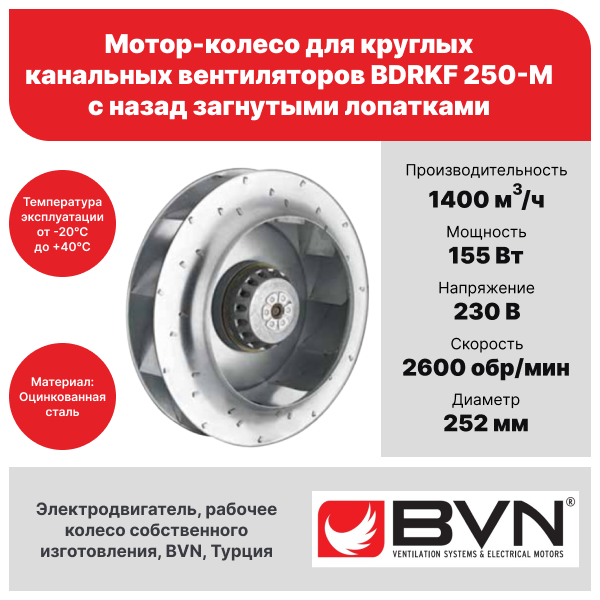 Мотор-колесо BDRKF 250-M, с назад загнутыми лопатками, для круглых канальных вентиляторов, 1400 м3/час, 230 В, 155 Вт, BVN, мотор-колесо из стали