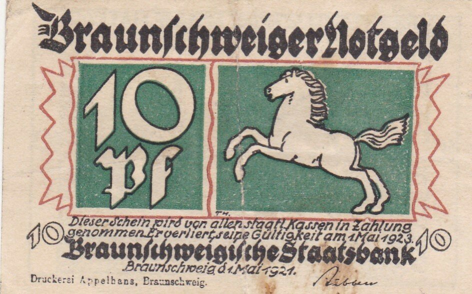 Германия (Веймарская Республика) Брауншвейг 10 пфеннигов 01.05.1921 г. (Вид 3) (20)