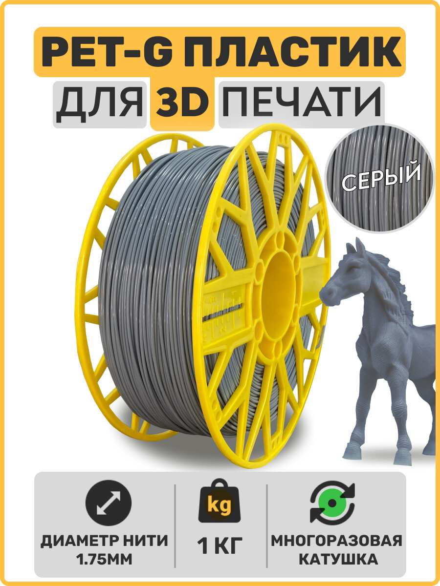 Пластик для 3D принтера PETG, Серый, 1,75мм, 1 кг.