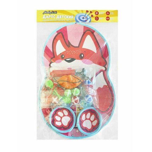 Игра комнатная ТМ Moby Kids Лисичка: Дартс с липучкой двусторонний 21 см. 2 в 1 с баскетбольным кольцом. 4 дротика и 6 шариков, мяч, насос в компл.