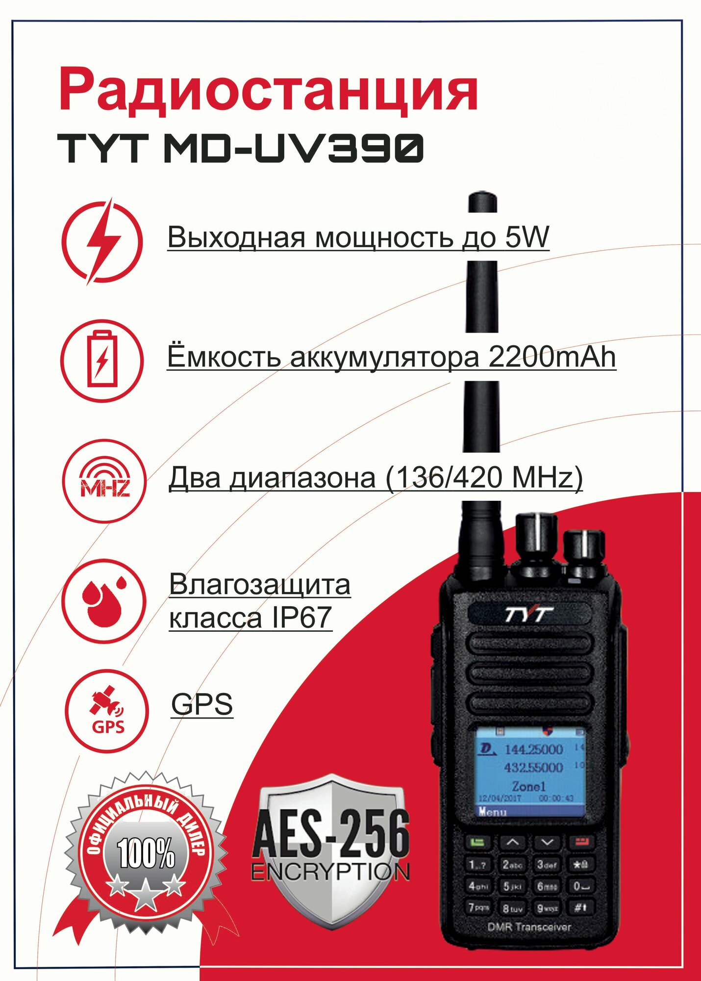 Портативная цифровая рация (радиостанция) TYT MD-UV390 DMR AES256 GPS