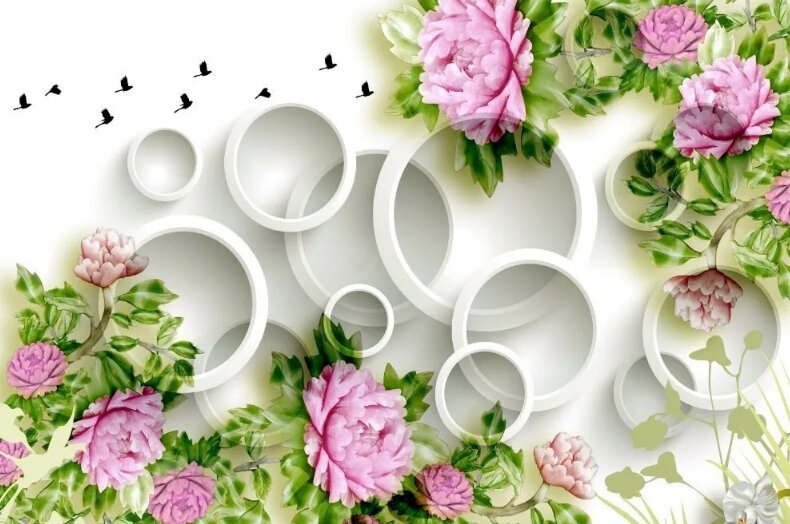 Фотообои на стену флизелиновые "3D пионы и круги" 450х300 см